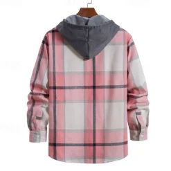 Online OUKU Men's Shirt Jacket Overshirt Plaid Outdoor Daily Pink Purple Green Khaki Long Sleeve Hooded Spring & Fall Clothing Apparel Print