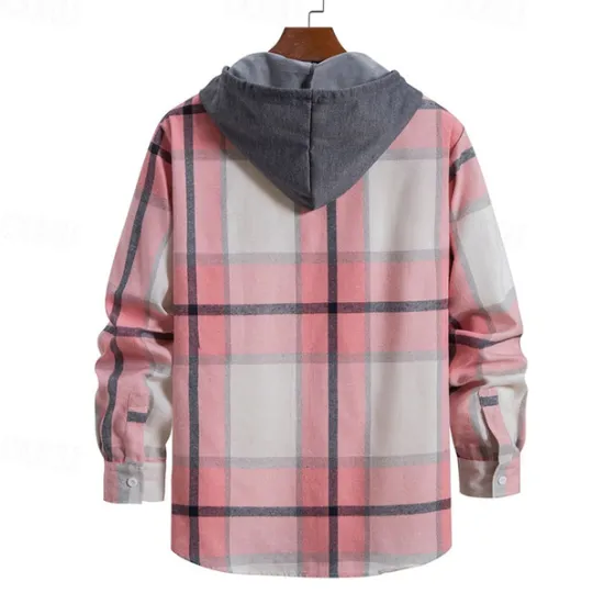 Online OUKU Men's Shirt Jacket Overshirt Plaid Outdoor Daily Pink Purple Green Khaki Long Sleeve Hooded Spring & Fall Clothing Apparel Print