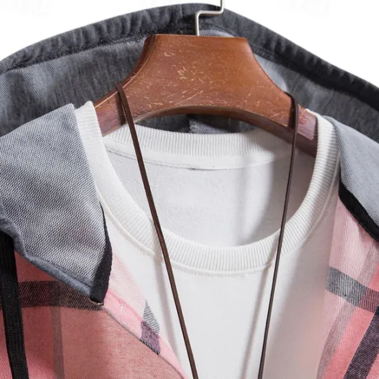 Online OUKU Men's Shirt Jacket Overshirt Plaid Outdoor Daily Pink Purple Green Khaki Long Sleeve Hooded Spring & Fall Clothing Apparel Print