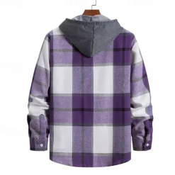 Online OUKU Men's Shirt Jacket Overshirt Plaid Outdoor Daily Pink Purple Green Khaki Long Sleeve Hooded Spring & Fall Clothing Apparel Print
