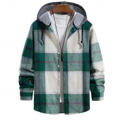 Online OUKU Men's Shirt Jacket Overshirt Plaid Outdoor Daily Pink Purple Green Khaki Long Sleeve Hooded Spring & Fall Clothing Apparel Print