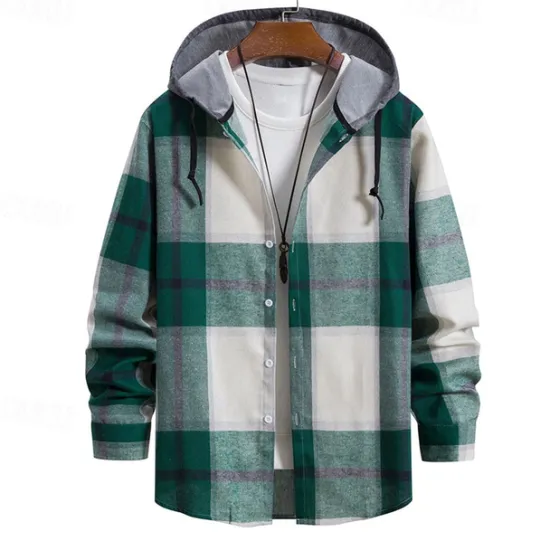 Online OUKU Men's Shirt Jacket Overshirt Plaid Outdoor Daily Pink Purple Green Khaki Long Sleeve Hooded Spring & Fall Clothing Apparel Print