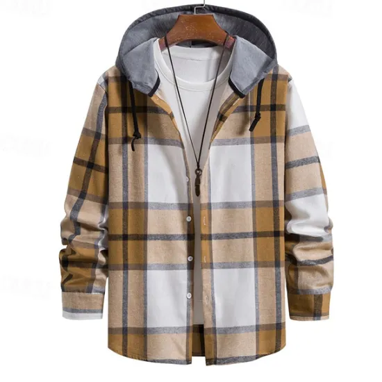 Online OUKU Men's Shirt Jacket Overshirt Plaid Outdoor Daily Pink Purple Green Khaki Long Sleeve Hooded Spring & Fall Clothing Apparel Print