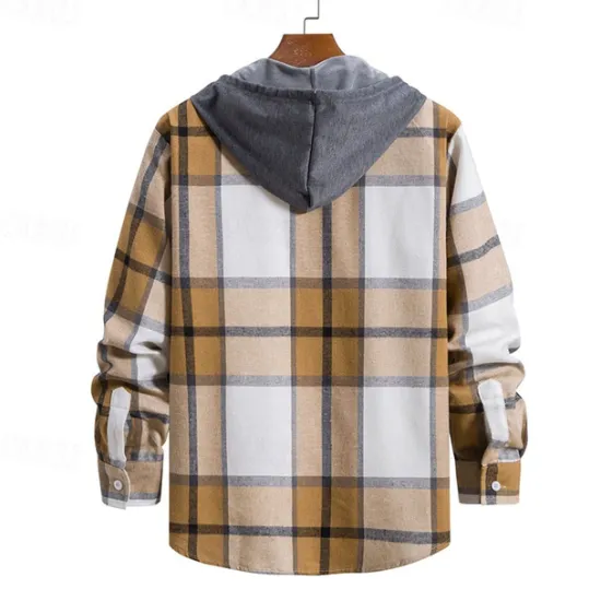 Online OUKU Men's Shirt Jacket Overshirt Plaid Outdoor Daily Pink Purple Green Khaki Long Sleeve Hooded Spring & Fall Clothing Apparel Print