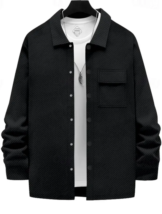 Outlet OUKU Men's Shirt Jacket Transition Jacket Daily Wearproof Pocket Jacquard All Seasons Plain Casual Lapel Regular Black White Khaki Light Grey Dark Gray Jacket