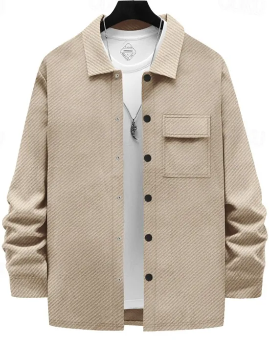 Outlet OUKU Men's Shirt Jacket Transition Jacket Daily Wearproof Pocket Jacquard All Seasons Plain Casual Lapel Regular Black White Khaki Light Grey Dark Gray Jacket