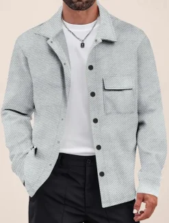 Outlet OUKU Men's Shirt Jacket Transition Jacket Daily Wearproof Pocket Jacquard All Seasons Plain Casual Lapel Regular Black White Khaki Light Grey Dark Gray Jacket
