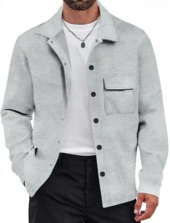 Outlet OUKU Men's Shirt Jacket Transition Jacket Daily Wearproof Pocket Jacquard All Seasons Plain Casual Lapel Regular Black White Khaki Light Grey Dark Gray Jacket