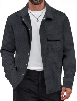 Outlet OUKU Men's Shirt Jacket Transition Jacket Daily Wearproof Pocket Jacquard All Seasons Plain Casual Lapel Regular Black White Khaki Light Grey Dark Gray Jacket
