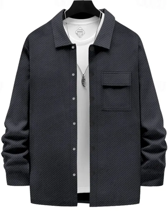 Outlet OUKU Men's Shirt Jacket Transition Jacket Daily Wearproof Pocket Jacquard All Seasons Plain Casual Lapel Regular Black White Khaki Light Grey Dark Gray Jacket