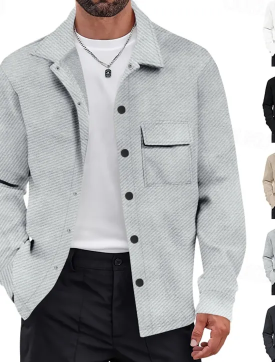 Outlet OUKU Men's Shirt Jacket Transition Jacket Daily Wearproof Pocket Jacquard All Seasons Plain Casual Lapel Regular Black White Khaki Light Grey Dark Gray Jacket