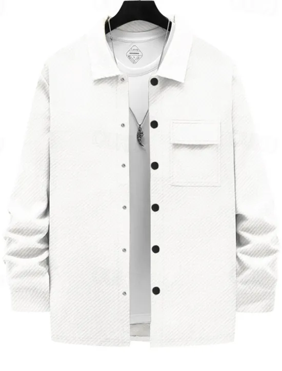 Outlet OUKU Men's Shirt Jacket Transition Jacket Daily Wearproof Pocket Jacquard All Seasons Plain Casual Lapel Regular Black White Khaki Light Grey Dark Gray Jacket