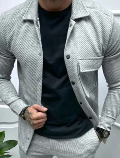 Online OUKU Men's Shirt Jacket Transition Jacket Daily Lightweight Jacquard Summer Spring Plain Classic Lapel Black White Khaki Light Grey Dark Gray Jacket