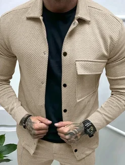 Online OUKU Men's Shirt Jacket Transition Jacket Daily Lightweight Jacquard Summer Spring Plain Classic Lapel Black White Khaki Light Grey Dark Gray Jacket