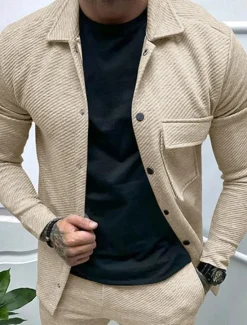 Online OUKU Men's Shirt Jacket Transition Jacket Daily Lightweight Jacquard Summer Spring Plain Classic Lapel Black White Khaki Light Grey Dark Gray Jacket