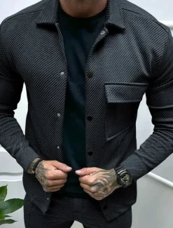 Online OUKU Men's Shirt Jacket Transition Jacket Daily Lightweight Jacquard Summer Spring Plain Classic Lapel Black White Khaki Light Grey Dark Gray Jacket