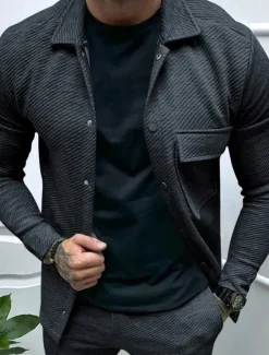 Online OUKU Men's Shirt Jacket Transition Jacket Daily Lightweight Jacquard Summer Spring Plain Classic Lapel Black White Khaki Light Grey Dark Gray Jacket