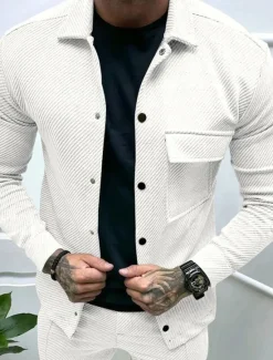 Online OUKU Men's Shirt Jacket Transition Jacket Daily Lightweight Jacquard Summer Spring Plain Classic Lapel Black White Khaki Light Grey Dark Gray Jacket
