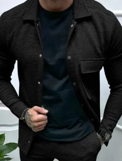 Online OUKU Men's Shirt Jacket Transition Jacket Daily Lightweight Jacquard Summer Spring Plain Classic Lapel Black White Khaki Light Grey Dark Gray Jacket