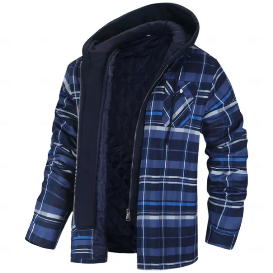 Clearance OUKU Men's Shirt Jacket Winter Jacket Overshirt Shacket Plaid / Striped / Chevron / Round Vacation Daily Wear Black Red Navy Blue Royal Blue Long Sleeve Hooded Fall & Winter Clothing Apparel