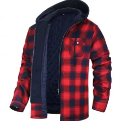 Clearance OUKU Men's Shirt Jacket Winter Jacket Overshirt Shacket Plaid / Striped / Chevron / Round Vacation Daily Wear Black Red Navy Blue Royal Blue Long Sleeve Hooded Fall & Winter Clothing Apparel