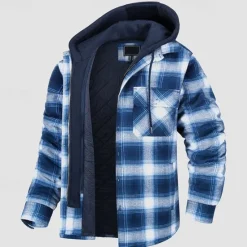 Clearance OUKU Men's Shirt Jacket Winter Jacket Overshirt Shacket Plaid / Striped / Chevron / Round Vacation Daily Wear Black Red Navy Blue Royal Blue Long Sleeve Hooded Fall & Winter Clothing Apparel