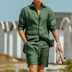Discount OUKU Men's Shirt Linen Shirt 2 Piece Shirt Set Matching Sets Plain Outdoor Street Short Sleeves Summer Spring Clothing Apparel Green
