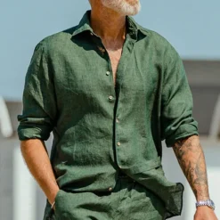 Discount OUKU Men's Shirt Linen Shirt 2 Piece Shirt Set Matching Sets Plain Outdoor Street Short Sleeves Summer Spring Clothing Apparel Green