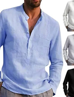 Online OUKU Men's Shirt Linen Shirt Band Collar Shirt Summer Shirt Beach Wear Solid Color Street Hawaiian Light Blue Wine Red Black White Long Sleeve Collar Summer Spring Clothing Apparel