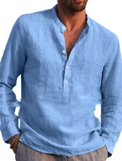 Online OUKU Men's Shirt Linen Shirt Band Collar Shirt Summer Shirt Beach Wear Solid Color Street Hawaiian Light Blue Wine Red Black White Long Sleeve Collar Summer Spring Clothing Apparel