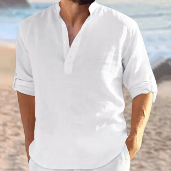 Sale OUKU Men's Shirt Linen Shirt Band Collar Shirt Summer Shirt Beach Wear Plain Vacation Curise Black White Navy Blue Blue Long Sleeve V Neck All Seasons Clothing Apparel