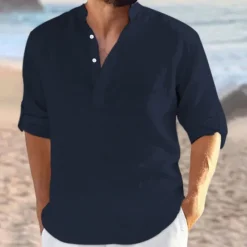 Sale OUKU Men's Shirt Linen Shirt Band Collar Shirt Summer Shirt Beach Wear Plain Vacation Curise Black White Navy Blue Blue Long Sleeve V Neck All Seasons Clothing Apparel