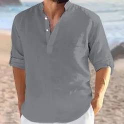 Sale OUKU Men's Shirt Linen Shirt Band Collar Shirt Summer Shirt Beach Wear Plain Vacation Curise Black White Navy Blue Blue Long Sleeve V Neck All Seasons Clothing Apparel