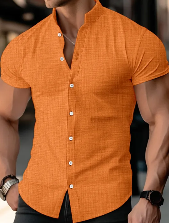 OUKU Men's Shirt Linen Shirt Band Collar Shirt Summer Shirt Beach Wear Button Up Shirt Plain Casual Daily Black White Blue Orange Short Sleeve Band Collar Summer Clothing Apparel