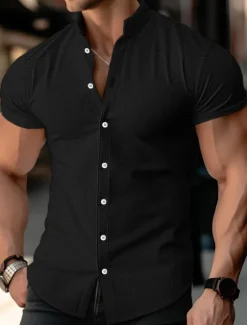 OUKU Men's Shirt Linen Shirt Band Collar Shirt Summer Shirt Beach Wear Button Up Shirt Plain Casual Daily Black White Blue Orange Short Sleeve Band Collar Summer Clothing Apparel