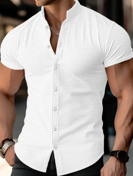 OUKU Men's Shirt Linen Shirt Band Collar Shirt Summer Shirt Beach Wear Button Up Shirt Plain Casual Daily Black White Blue Orange Short Sleeve Band Collar Summer Clothing Apparel