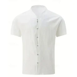 Online OUKU Men's Shirt Linen Shirt Band Collar Shirt Summer Shirt Beach Wear Button Up Shirt Plain Casual Daily Black White Yellow Blue Short Sleeve Collar Summer Clothing Apparel