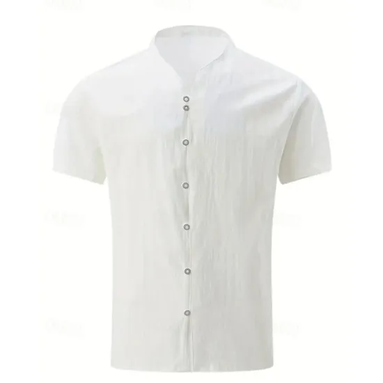 Online OUKU Men's Shirt Linen Shirt Band Collar Shirt Summer Shirt Beach Wear Button Up Shirt Plain Casual Daily Black White Yellow Blue Short Sleeve Collar Summer Clothing Apparel
