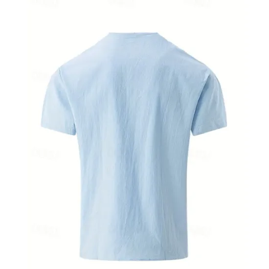 Online OUKU Men's Shirt Linen Shirt Band Collar Shirt Summer Shirt Beach Wear Button Up Shirt Plain Casual Daily Black White Yellow Blue Short Sleeve Collar Summer Clothing Apparel