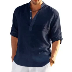 Hot OUKU Men's Shirt Linen Shirt Band Collar Shirt Popover Shirt Summer Shirt Beach Wear Solid Color Hawaiian Holiday Black White Yellow Pink Long Sleeve Henley Summer Spring Clothing Apparel Button-Down
