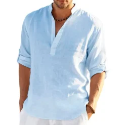 Hot OUKU Men's Shirt Linen Shirt Band Collar Shirt Popover Shirt Summer Shirt Beach Wear Solid Color Hawaiian Holiday Black White Yellow Pink Long Sleeve Henley Summer Spring Clothing Apparel Button-Down