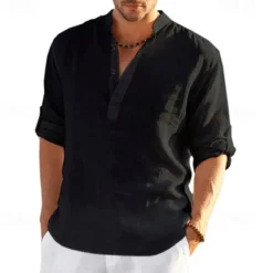Hot OUKU Men's Shirt Linen Shirt Band Collar Shirt Popover Shirt Summer Shirt Beach Wear Solid Color Hawaiian Holiday Black White Yellow Pink Long Sleeve Henley Summer Spring Clothing Apparel Button-Down