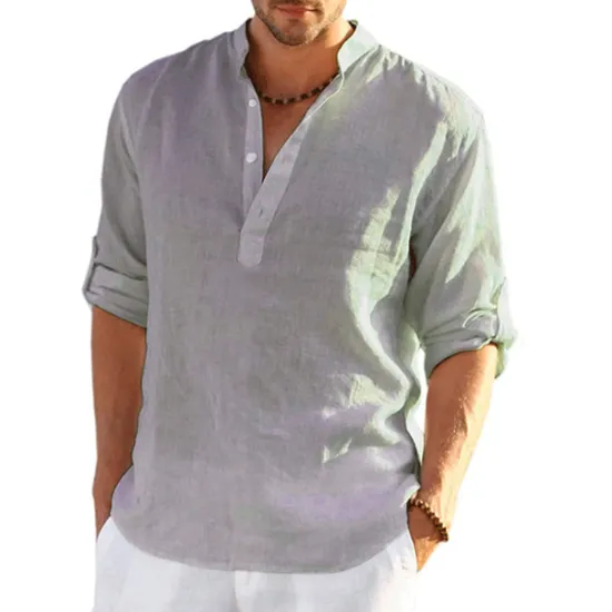 Hot OUKU Men's Shirt Linen Shirt Band Collar Shirt Popover Shirt Summer Shirt Beach Wear Solid Color Hawaiian Holiday Black White Yellow Pink Long Sleeve Henley Summer Spring Clothing Apparel Button-Down