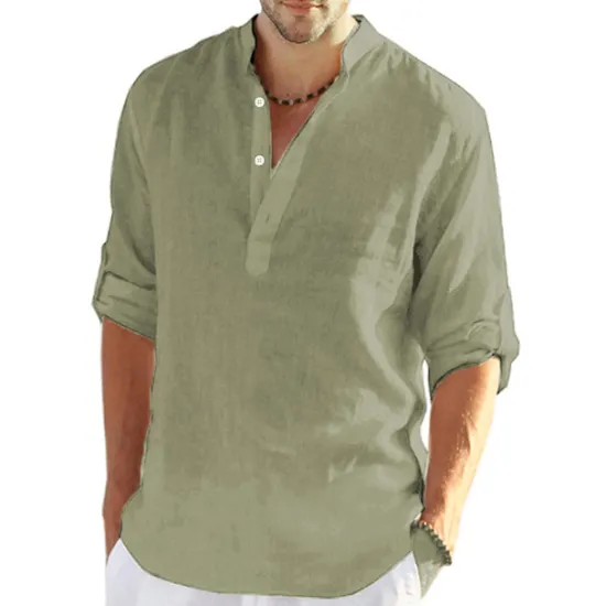 Hot OUKU Men's Shirt Linen Shirt Band Collar Shirt Popover Shirt Summer Shirt Beach Wear Solid Color Hawaiian Holiday Black White Yellow Pink Long Sleeve Henley Summer Spring Clothing Apparel Button-Down