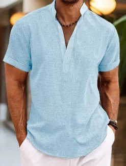 Clearance OUKU Men's Shirt Linen Shirt Band Collar Shirt Popover Shirt Summer Shirt Beach Wear Plain Vacation Casual Black White Yellow Pink Short Sleeve Henley Summer Clothing Apparel