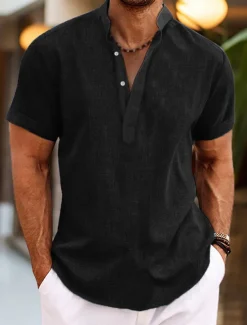 Clearance OUKU Men's Shirt Linen Shirt Band Collar Shirt Popover Shirt Summer Shirt Beach Wear Plain Vacation Casual Black White Yellow Pink Short Sleeve Henley Summer Clothing Apparel