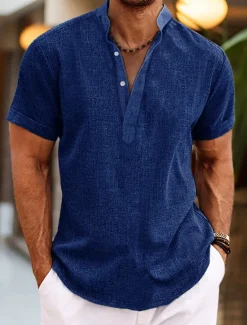 Clearance OUKU Men's Shirt Linen Shirt Band Collar Shirt Popover Shirt Summer Shirt Beach Wear Plain Vacation Casual Black White Yellow Pink Short Sleeve Henley Summer Clothing Apparel