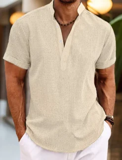 Clearance OUKU Men's Shirt Linen Shirt Band Collar Shirt Popover Shirt Summer Shirt Beach Wear Plain Vacation Casual Black White Yellow Pink Short Sleeve Henley Summer Clothing Apparel
