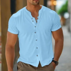 Outlet OUKU Men's Shirt Linen Shirt Band Collar Shirt Summer Shirt Beach Wear Button Up Shirt Plain Casual Daily Black White Blue Khaki Short Sleeve Band Collar Summer Clothing Apparel Buttons