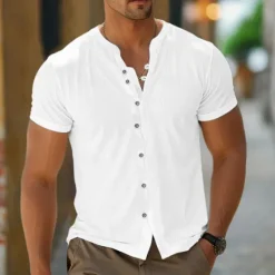 Outlet OUKU Men's Shirt Linen Shirt Band Collar Shirt Summer Shirt Beach Wear Button Up Shirt Plain Casual Daily Black White Blue Khaki Short Sleeve Band Collar Summer Clothing Apparel Buttons